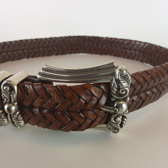 Brighton brown weaved leather belt with decorative silver buckle SZ. S/28 - Picture 2 of 9
